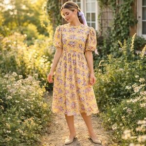 VTG 80s Leslie Fay Yellow Floral Midi Dress 10 Puff Sleeve Cottagecore Prairie